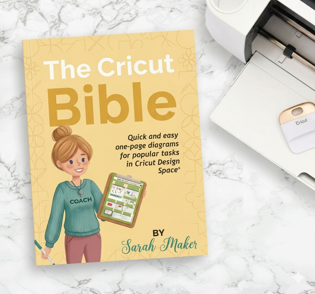 The Cricut Bible book by Sarah Maker next to a Cricut machine on a marble surface