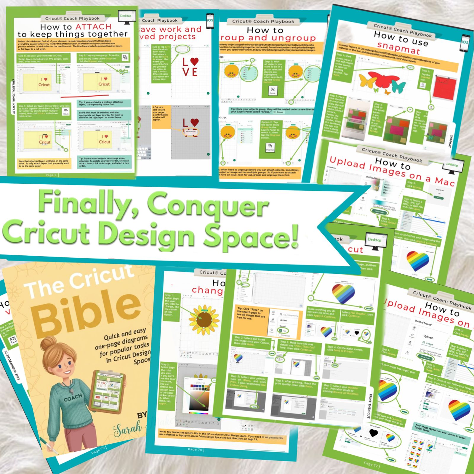 Cricut Coach Playbook — sample pages showing how to attach, group, ungroup, change colors and upload images in Cricut Design Space