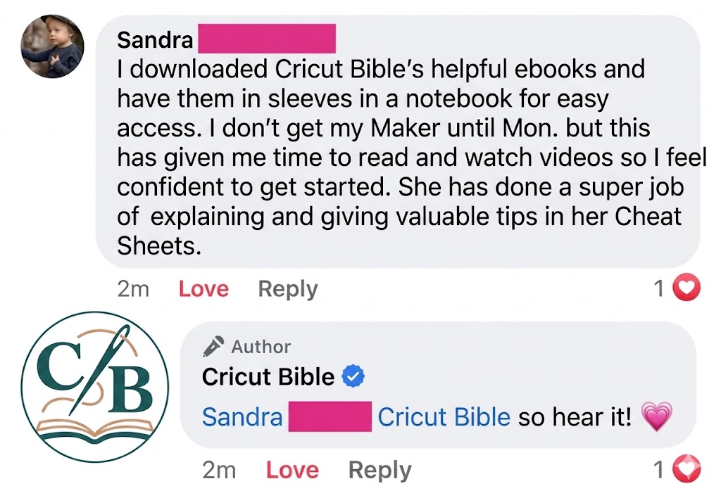Sandra's testimonial about the Cricut Bible ebooks and cheat sheets