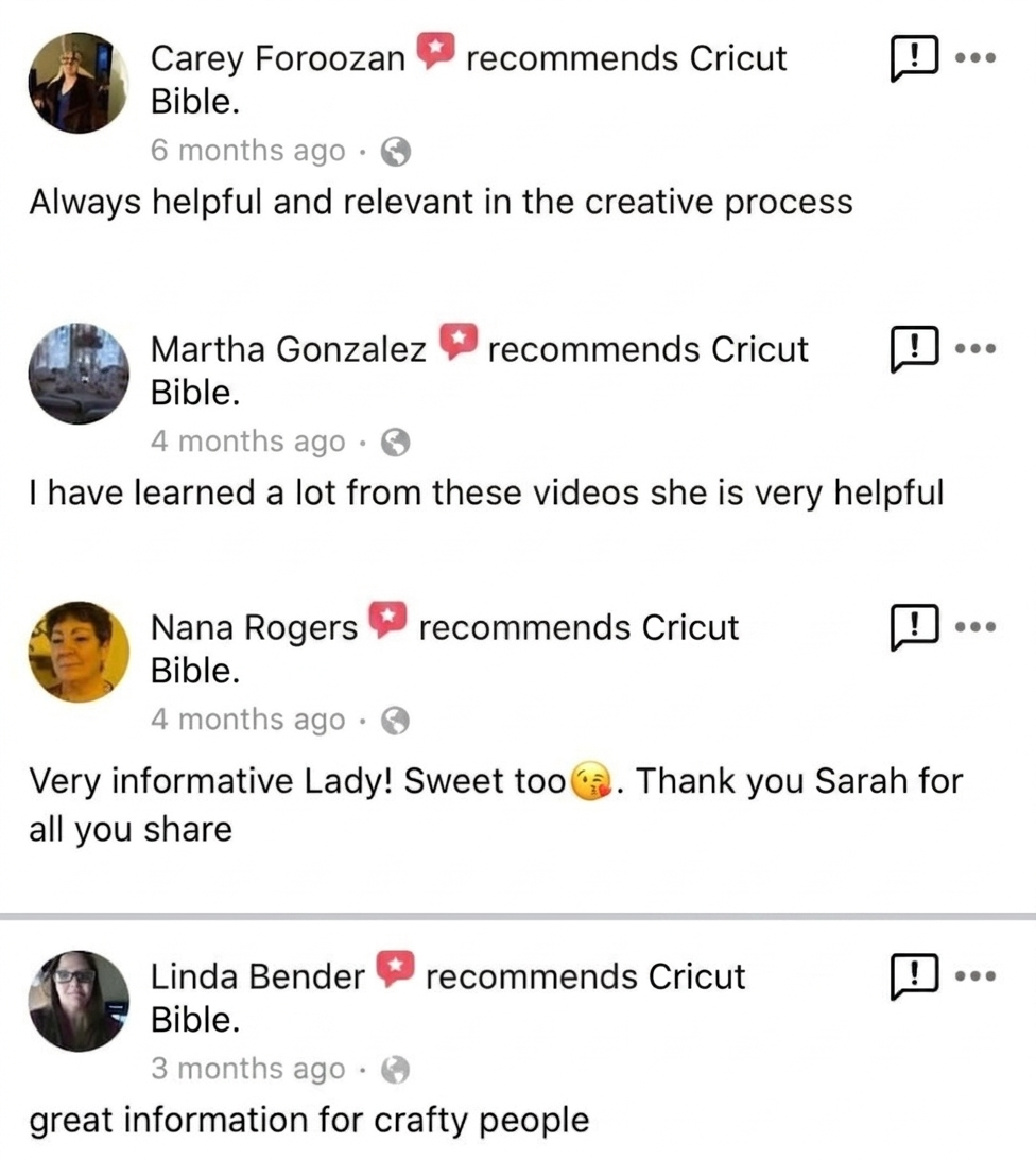 Facebook recommendations from Carey, Martha, Nana, and Linda about Cricut Bible